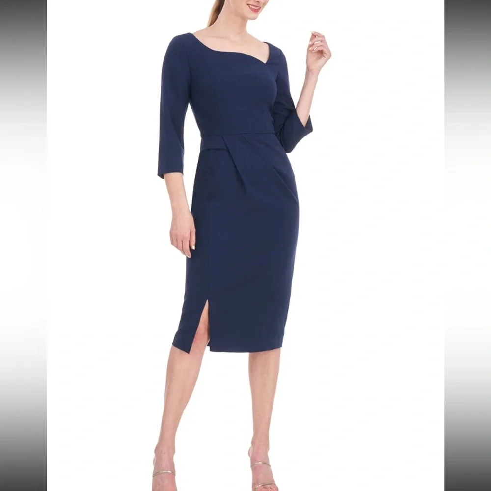 New KAY UNGER Midnight Navy Anya Stretch Crepe Pleated Midi Sz 14
